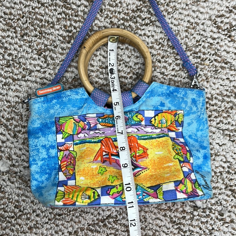 Colorful Beach Scene Handbag with Wooden Ring Handles - Multicolor - Picture 16 of 16